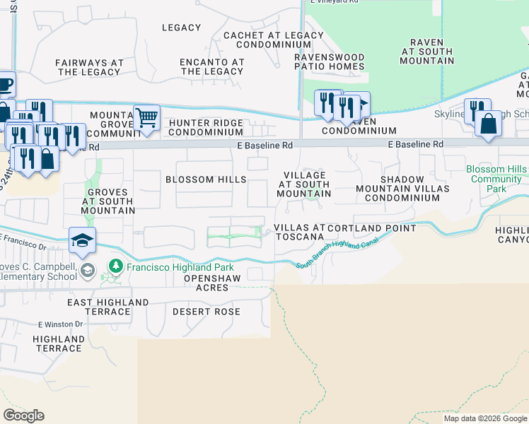 map of restaurants, bars, coffee shops, grocery stores, and more near 3132 East Harwell Road in Phoenix