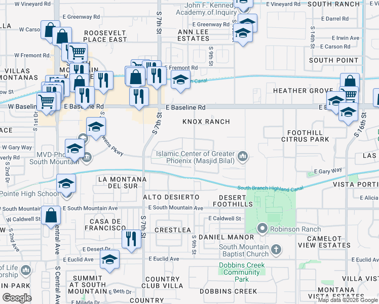 map of restaurants, bars, coffee shops, grocery stores, and more near 7844 South 9th Street in Phoenix