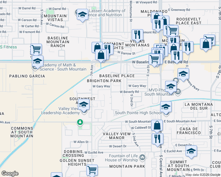 map of restaurants, bars, coffee shops, grocery stores, and more near 424 West Gary Way in Phoenix