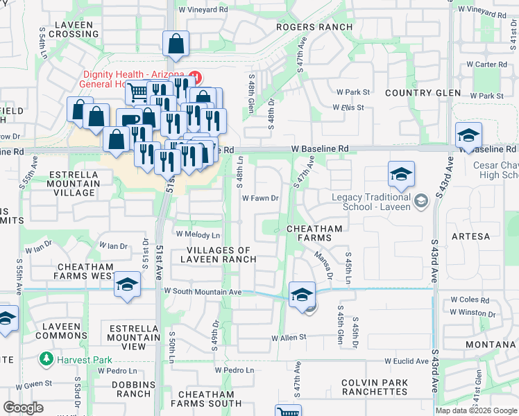 map of restaurants, bars, coffee shops, grocery stores, and more near 4805 West Fawn Drive in Phoenix