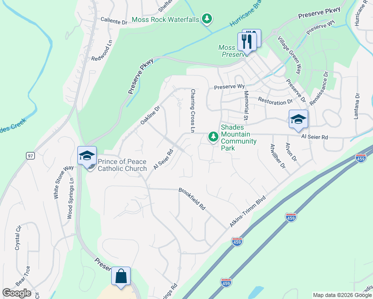 map of restaurants, bars, coffee shops, grocery stores, and more near 4505 Highland Crest Circle in Birmingham
