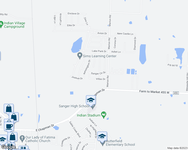 map of restaurants, bars, coffee shops, grocery stores, and more near 4921-49 Sanger Circle Drive in Sanger