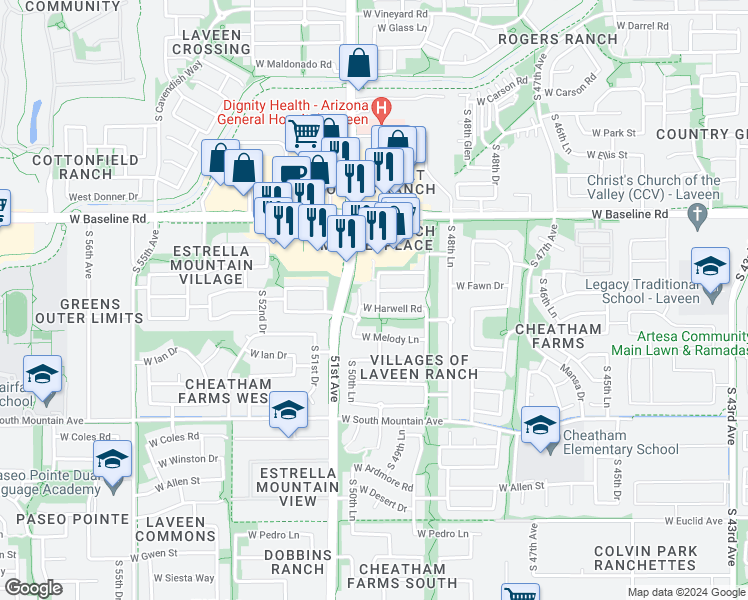 map of restaurants, bars, coffee shops, grocery stores, and more near 7906 South 50th Drive in Phoenix
