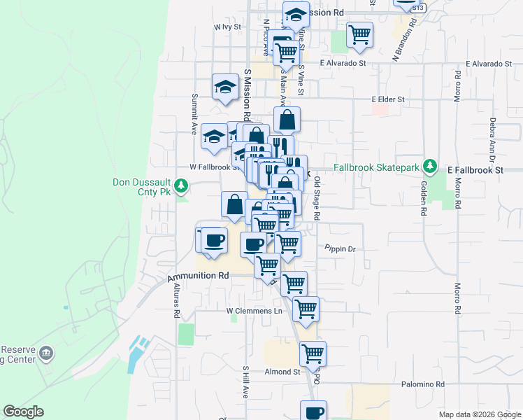 map of restaurants, bars, coffee shops, grocery stores, and more near 235 West Aviation Road in Fallbrook