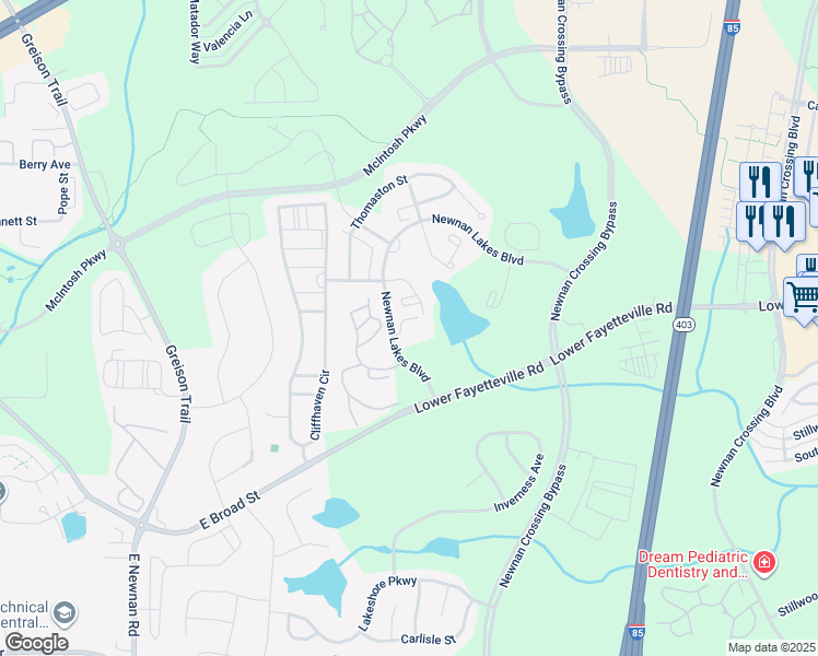 map of restaurants, bars, coffee shops, grocery stores, and more near 25 Newnan Lakes Boulevard in Newnan
