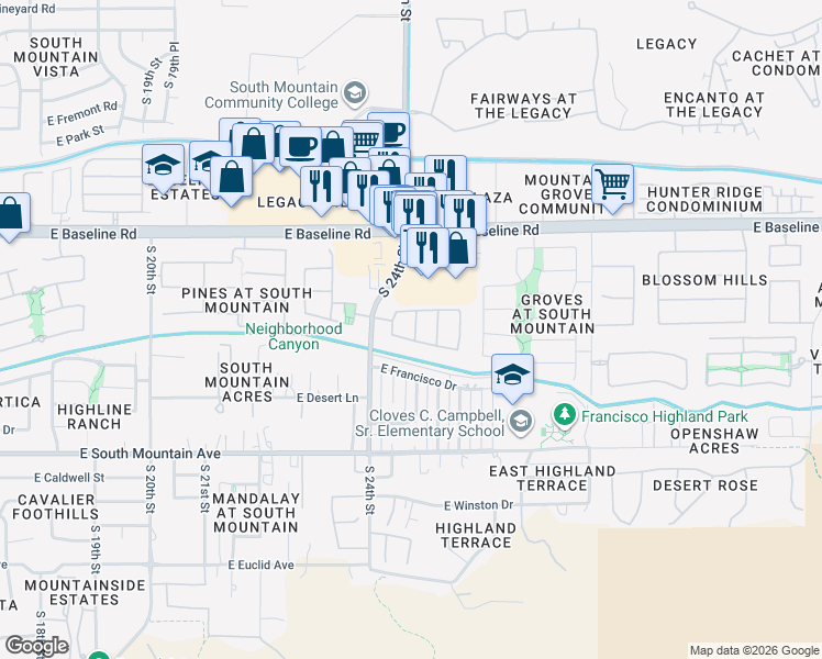 map of restaurants, bars, coffee shops, grocery stores, and more near 7904 South 24th Place in Phoenix
