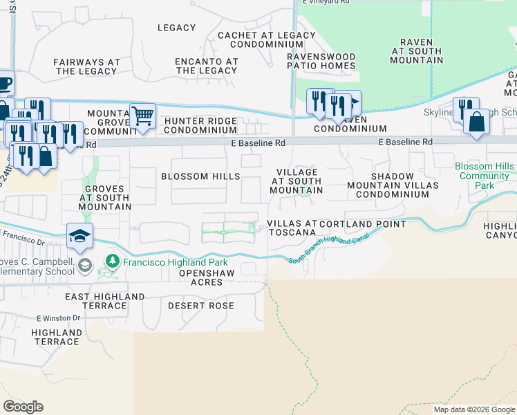 map of restaurants, bars, coffee shops, grocery stores, and more near 3132 East Harwell Road in Phoenix