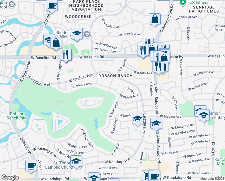 map of restaurants, bars, coffee shops, grocery stores, and more near 1453 West Kiowa Avenue in Mesa