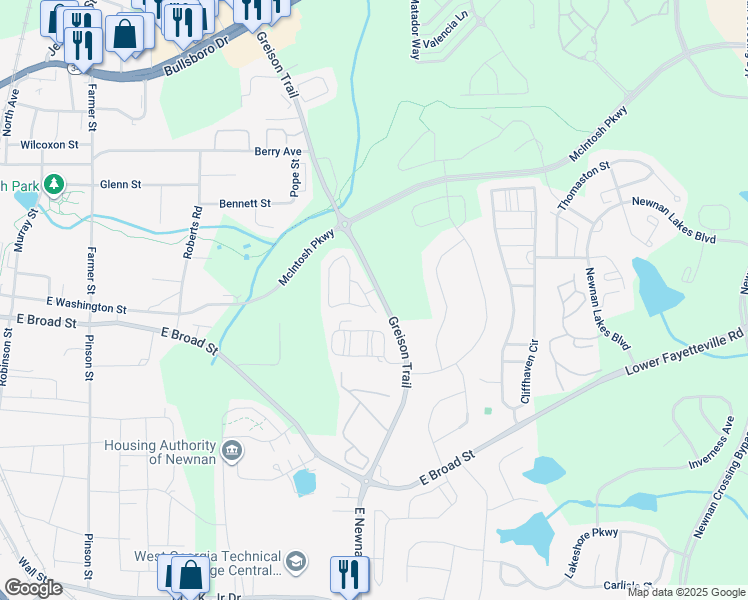 map of restaurants, bars, coffee shops, grocery stores, and more near 117 Chastain Loop in Newnan