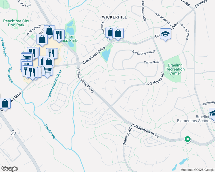 map of restaurants, bars, coffee shops, grocery stores, and more near 213 Meadow Run in Peachtree City
