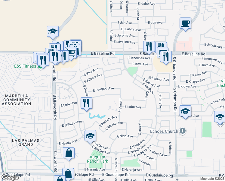 map of restaurants, bars, coffee shops, grocery stores, and more near 2219 South Keene in Mesa