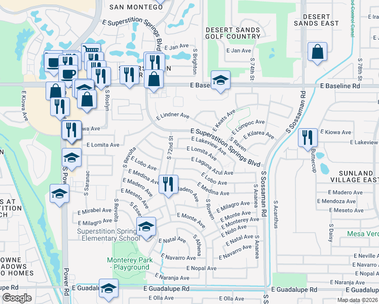 map of restaurants, bars, coffee shops, grocery stores, and more near 7306 East Lomita Avenue in Mesa