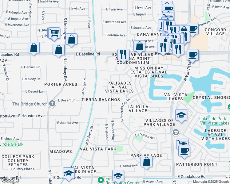 map of restaurants, bars, coffee shops, grocery stores, and more near 1350 North Sailors Way in Gilbert