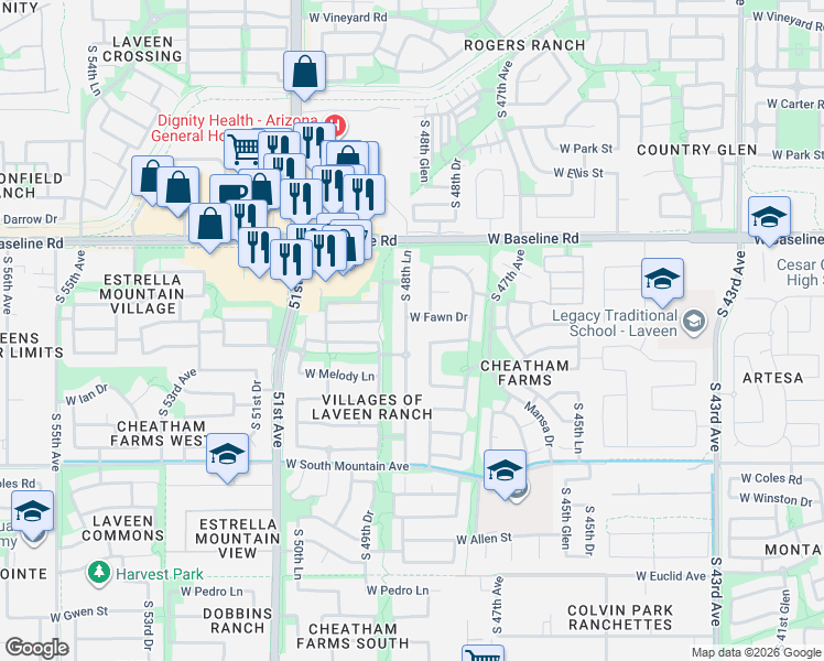 map of restaurants, bars, coffee shops, grocery stores, and more near 7815 South 48th Lane in Phoenix