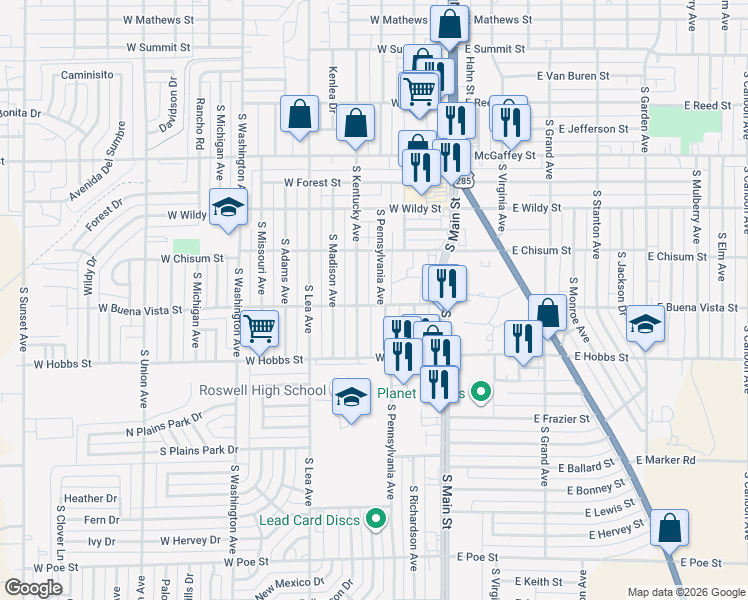 map of restaurants, bars, coffee shops, grocery stores, and more near 1504-1598 South Pennsylvania Avenue in Roswell