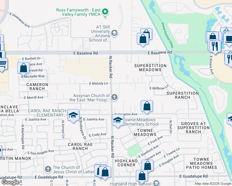 map of restaurants, bars, coffee shops, grocery stores, and more near 1365 North Recker Road in Gilbert