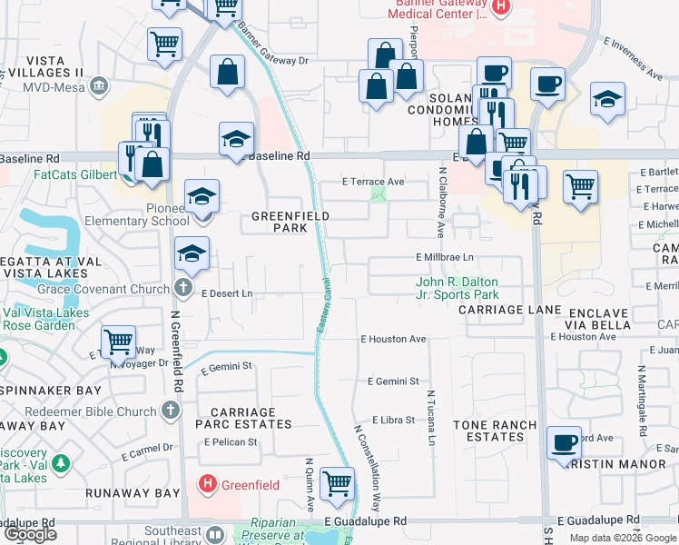 map of restaurants, bars, coffee shops, grocery stores, and more near 1384 North Constellation Way in Gilbert