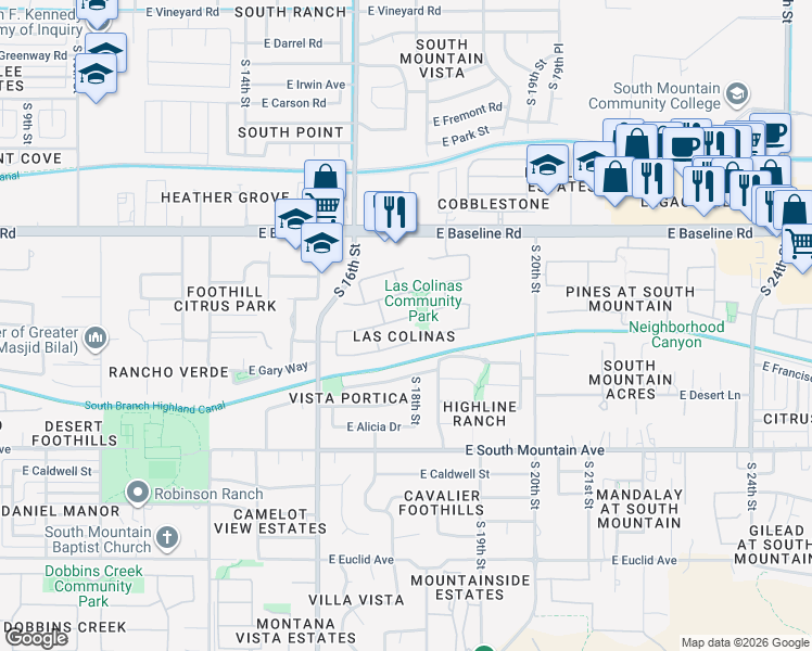map of restaurants, bars, coffee shops, grocery stores, and more near 1718 East Harwell Road in Phoenix