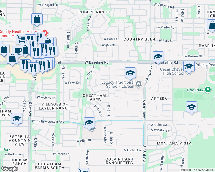 map of restaurants, bars, coffee shops, grocery stores, and more near 4517 West Fawn Drive in Phoenix