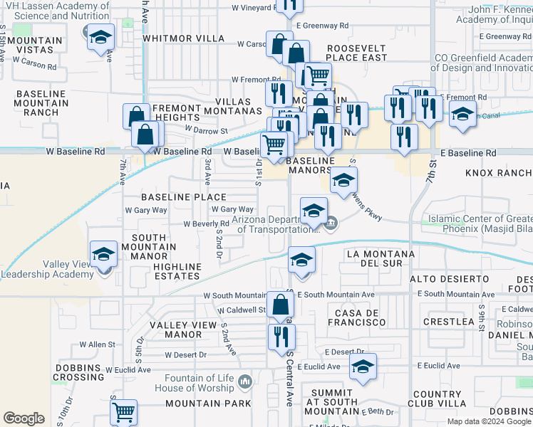 map of restaurants, bars, coffee shops, grocery stores, and more near 7823 South 1st Drive in Phoenix