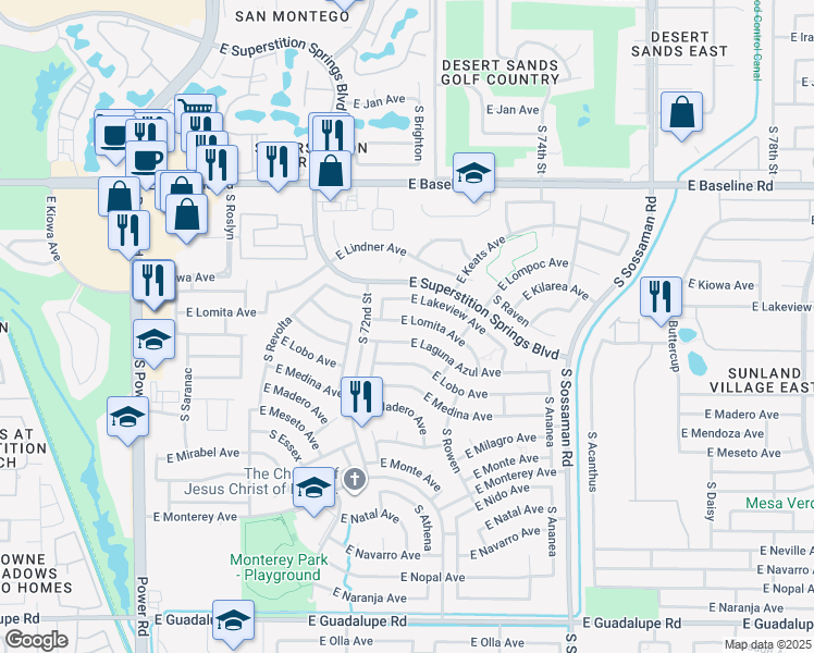 map of restaurants, bars, coffee shops, grocery stores, and more near 7306 East Lomita Avenue in Mesa