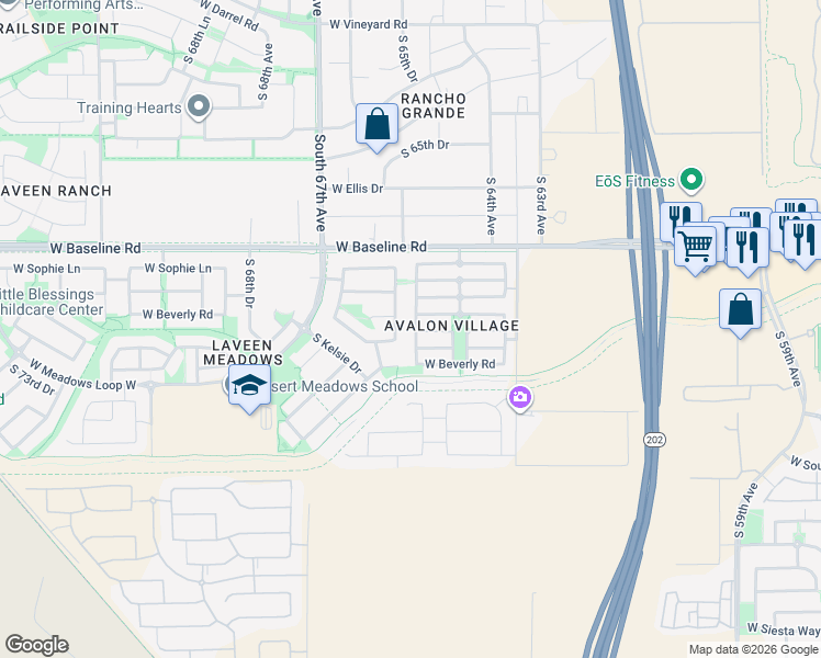 map of restaurants, bars, coffee shops, grocery stores, and more near 7826 South 64th Lane in Phoenix