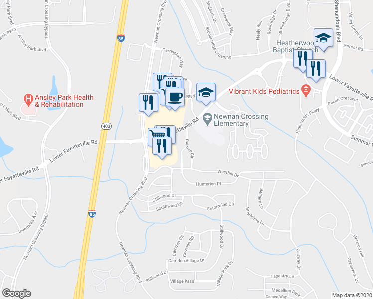 map of restaurants, bars, coffee shops, grocery stores, and more near 40 Belltree Circle in Newnan