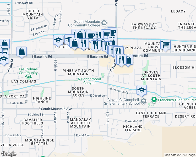 map of restaurants, bars, coffee shops, grocery stores, and more near 2318 East Harwell Road in Phoenix