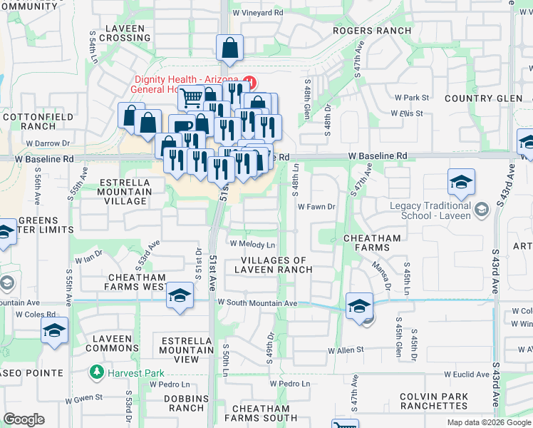 map of restaurants, bars, coffee shops, grocery stores, and more near 4929 West Fawn Drive in Phoenix