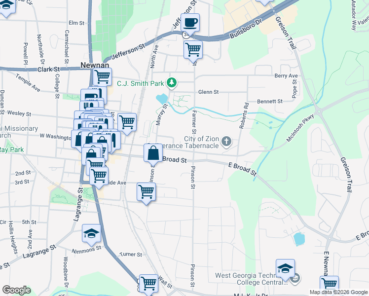 map of restaurants, bars, coffee shops, grocery stores, and more near 84 East Washington Street in Newnan