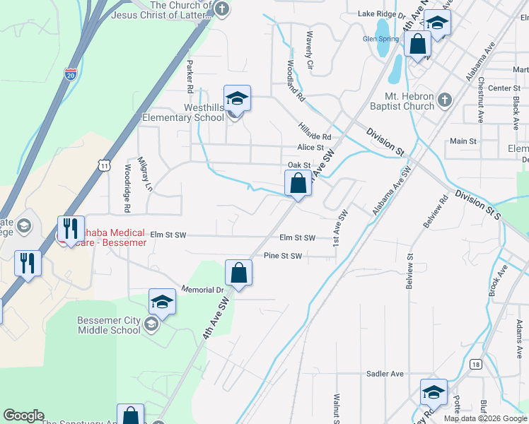 map of restaurants, bars, coffee shops, grocery stores, and more near 618 Pinedale Drive Southwest in Bessemer