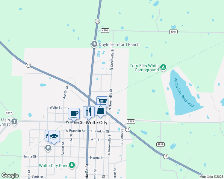 map of restaurants, bars, coffee shops, grocery stores, and more near 405 North Greenville Street in Wolfe City