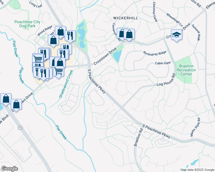 map of restaurants, bars, coffee shops, grocery stores, and more near 57 Braelinn Creek Court in Peachtree City