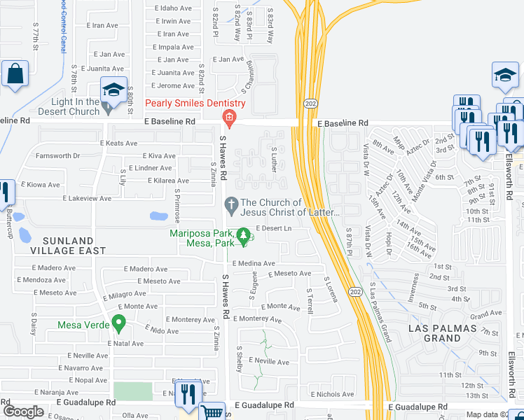 map of restaurants, bars, coffee shops, grocery stores, and more near 2230 South Lynch in Mesa