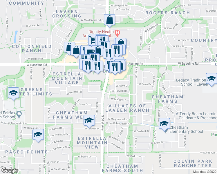 map of restaurants, bars, coffee shops, grocery stores, and more near 7826 South 50th Lane in Phoenix