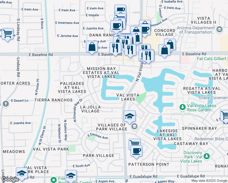 map of restaurants, bars, coffee shops, grocery stores, and more near 1408 East Coral Cove Drive in Gilbert