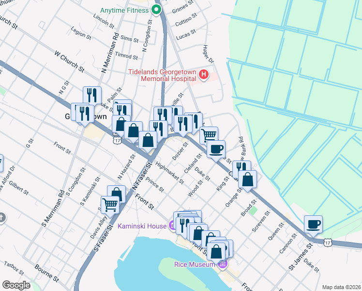 map of restaurants, bars, coffee shops, grocery stores, and more near 1235 Church Street in Georgetown