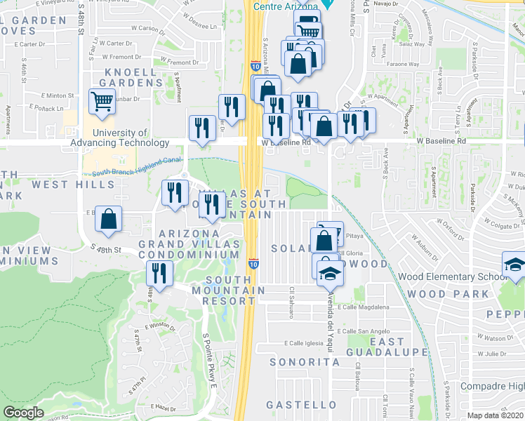 map of restaurants, bars, coffee shops, grocery stores, and more near 5424 Calle Cerritos in Guadalupe