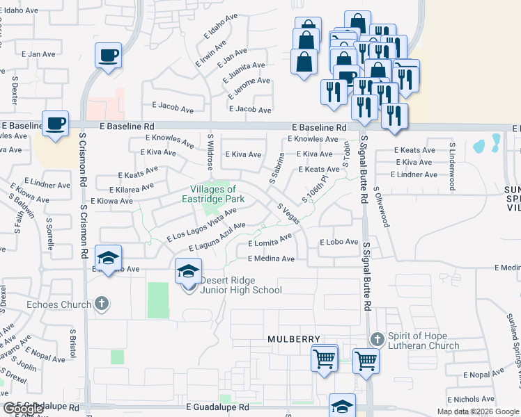 map of restaurants, bars, coffee shops, grocery stores, and more near 2219 South Valle Verde in Mesa
