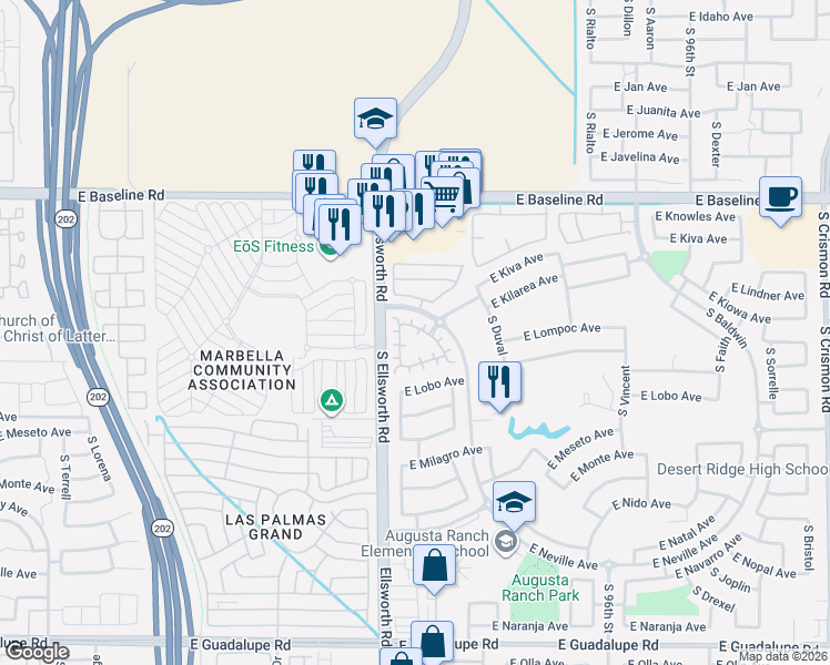 map of restaurants, bars, coffee shops, grocery stores, and more near 2229 South Harper in Mesa