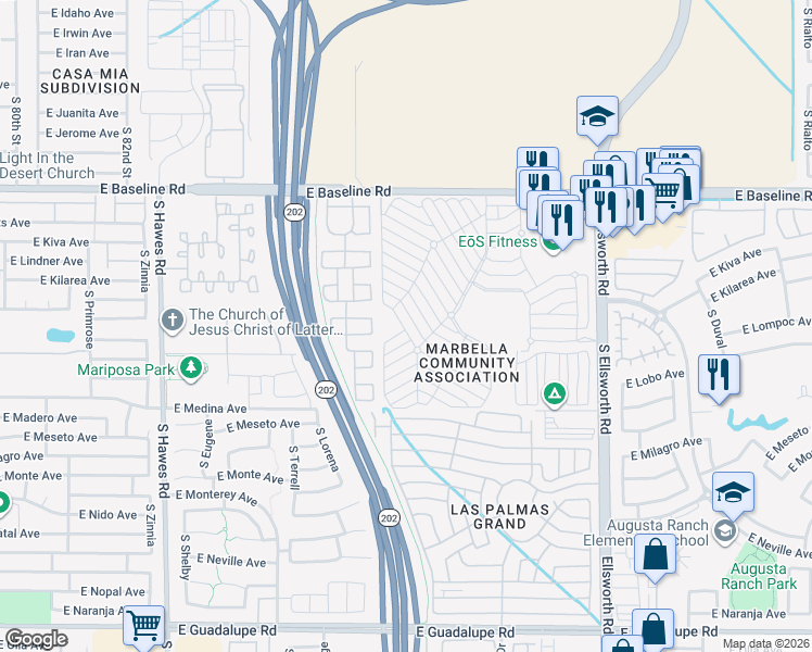 map of restaurants, bars, coffee shops, grocery stores, and more near 14th Avenue in Mesa