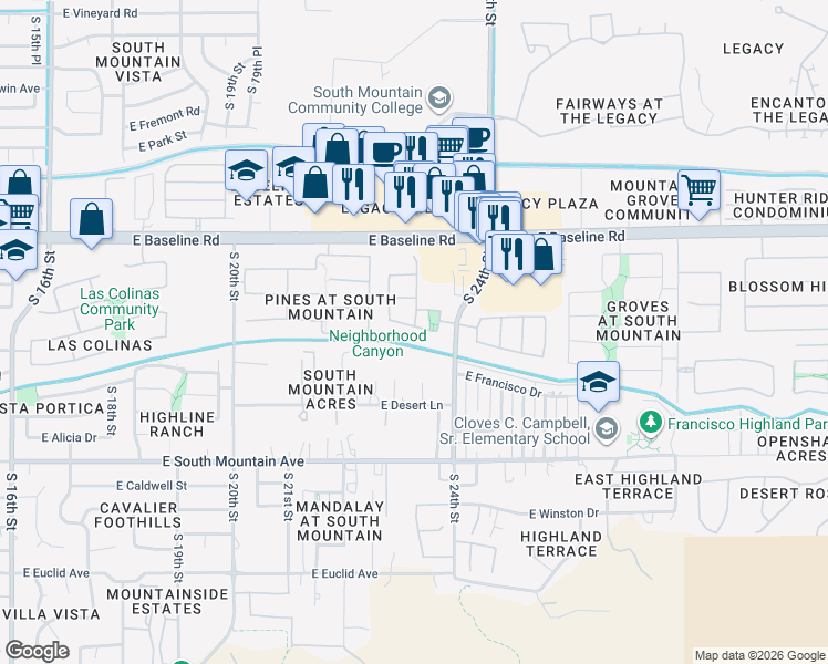 map of restaurants, bars, coffee shops, grocery stores, and more near 2318 East Harwell Road in Phoenix