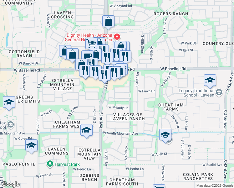 map of restaurants, bars, coffee shops, grocery stores, and more near 5005 West Fawn Drive in Phoenix