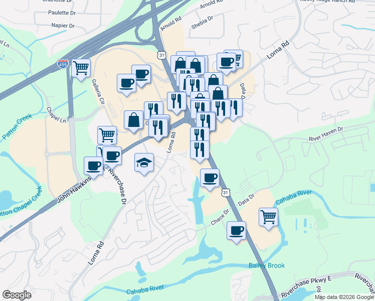 map of restaurants, bars, coffee shops, grocery stores, and more near 1810 Montgomery Hwy in Birmingham
