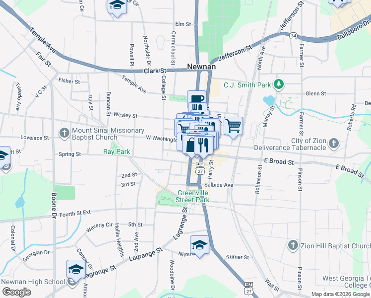map of restaurants, bars, coffee shops, grocery stores, and more near 16 Jackson Street in Newnan
