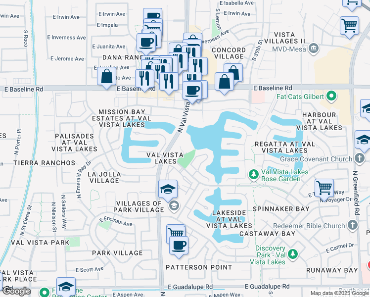 map of restaurants, bars, coffee shops, grocery stores, and more near 1600 East Lakeside Drive in Gilbert