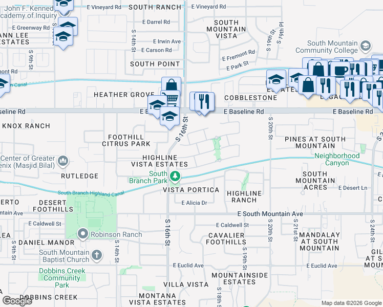 map of restaurants, bars, coffee shops, grocery stores, and more near 1625 East Beautiful Lane in Phoenix