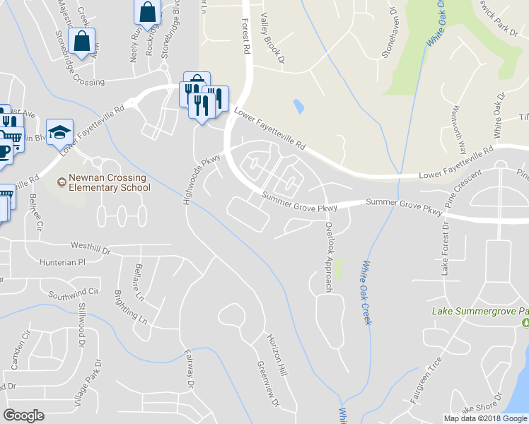 map of restaurants, bars, coffee shops, grocery stores, and more near 11 Tall Timbers Circle in Newnan