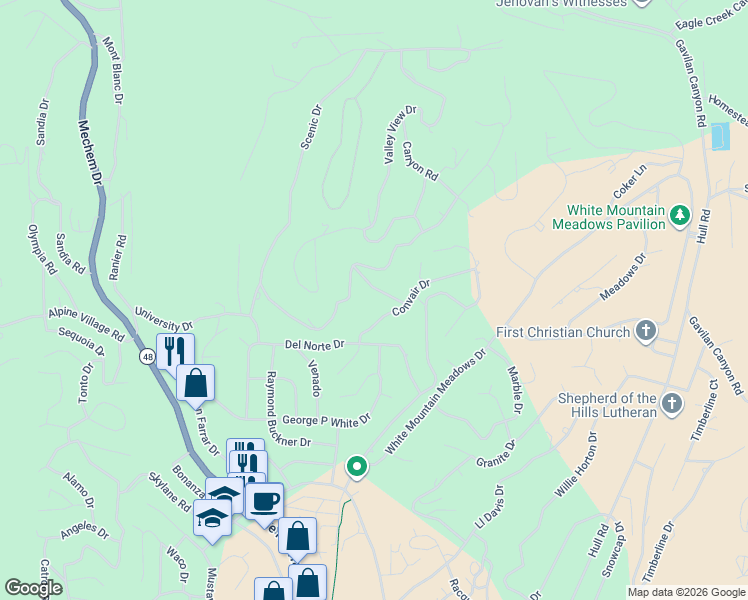 map of restaurants, bars, coffee shops, grocery stores, and more near 105 Meadowood in Ruidoso