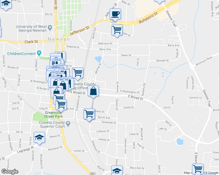 map of restaurants, bars, coffee shops, grocery stores, and more near 84 East Washington Street in Newnan